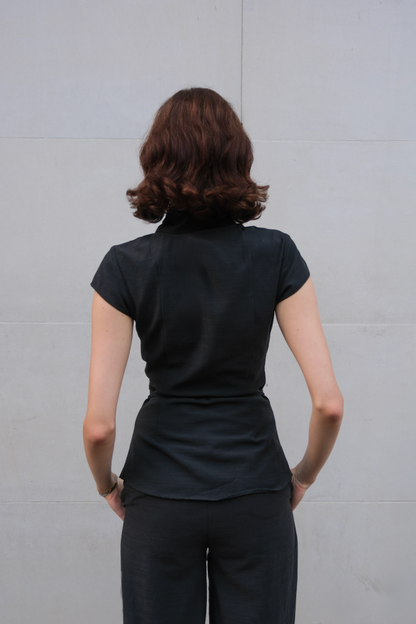 Keyhole Cap Sleeve Shirt - Charcoal