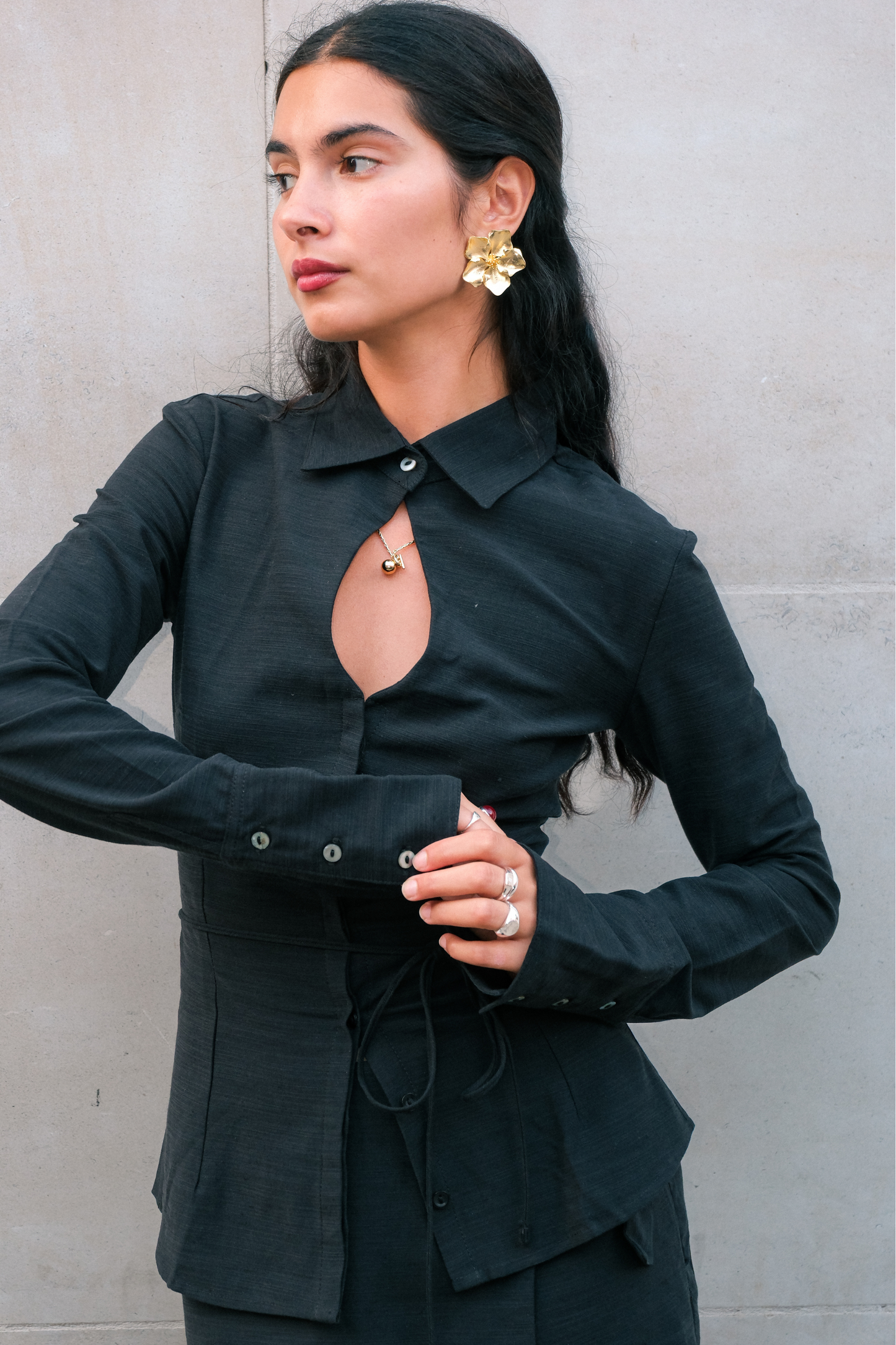 Keyhole Long Sleeve Shirt - Charcoal