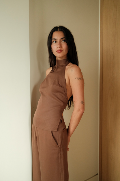 Gea Halter Top | Brown Twill