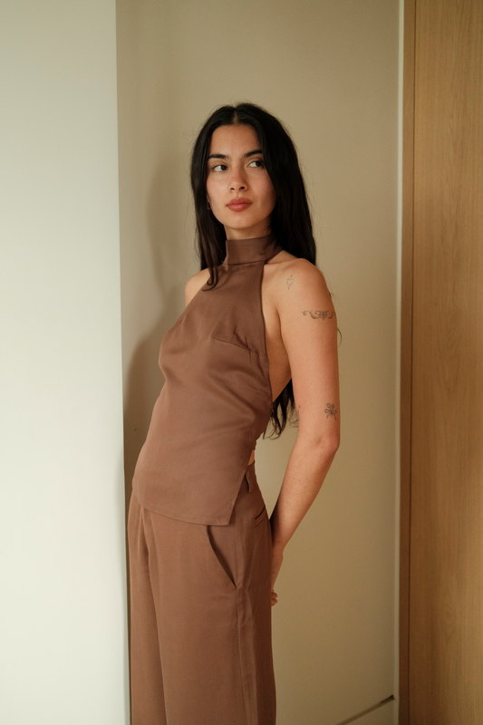 Gea Halter Top | Brown Twill