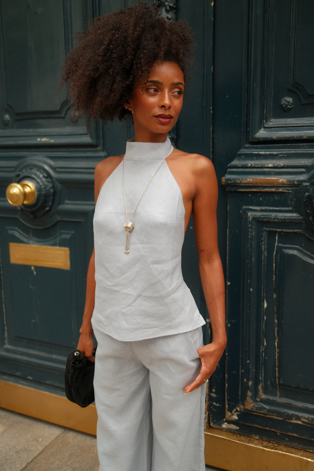 Gea Halter Top | Ice Blue Linen