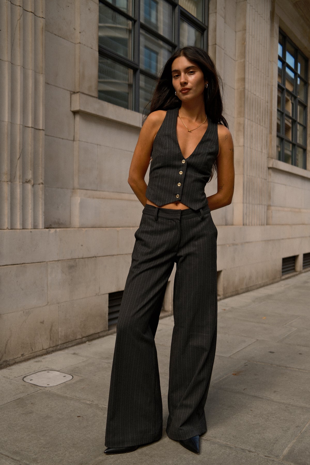 Grey Pinstripe Trousers | Wide