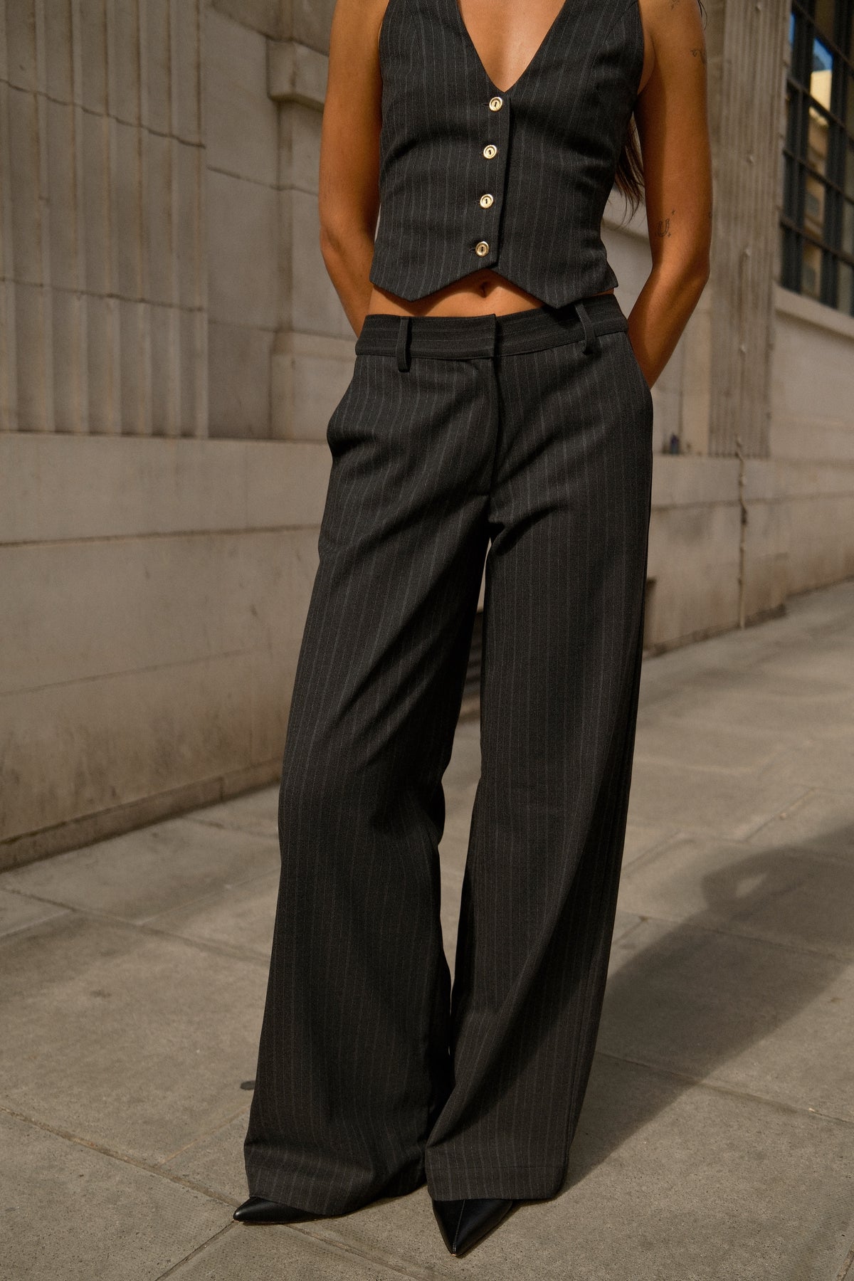 Grey Pinstripe Trousers | Wide