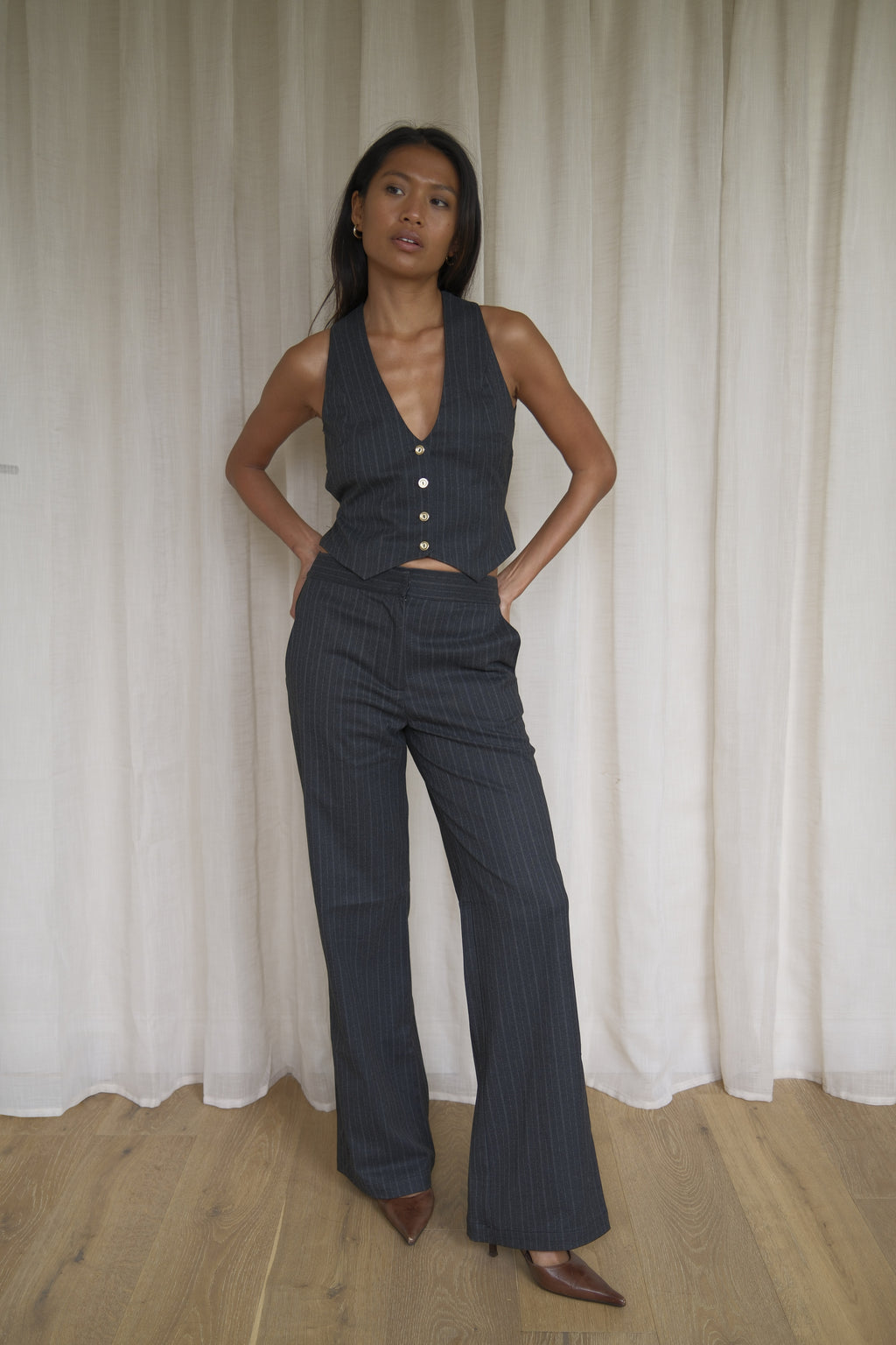 Grey Pinstripe Trousers | Straight