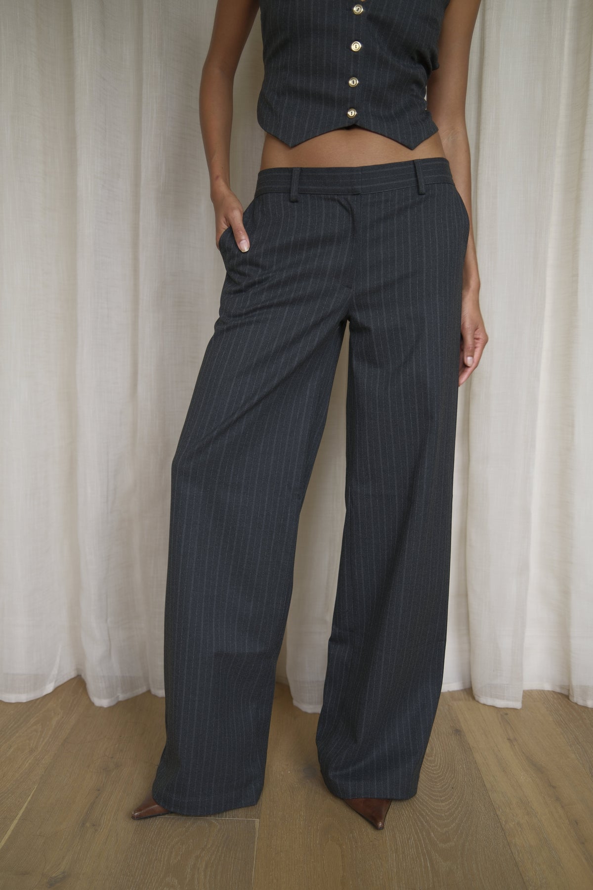 Grey Pinstripe Trousers | Wide