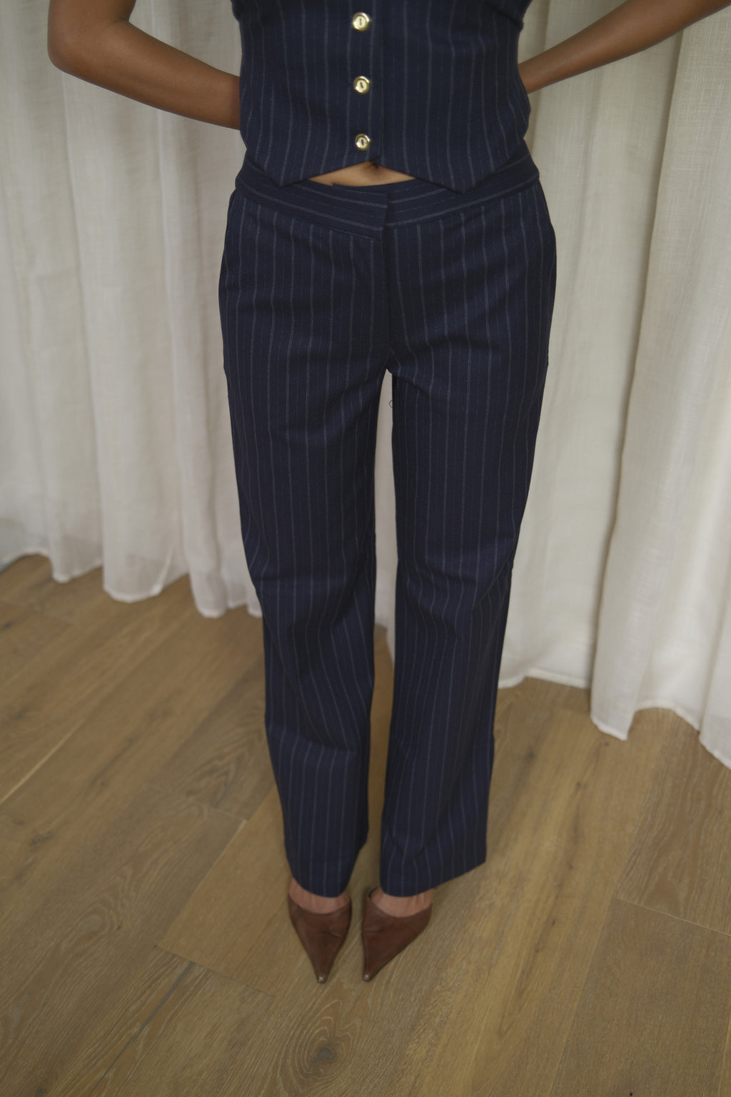 Navy Pinstripe Trousers | Straight