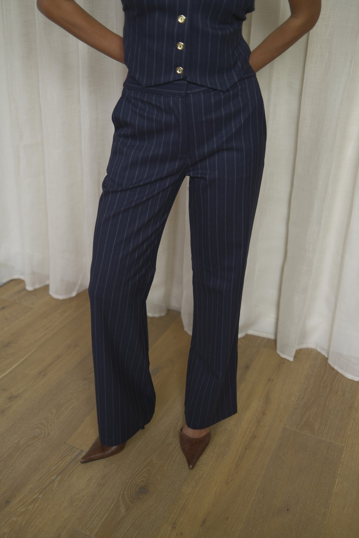 Navy Pinstripe Trousers | Straight
