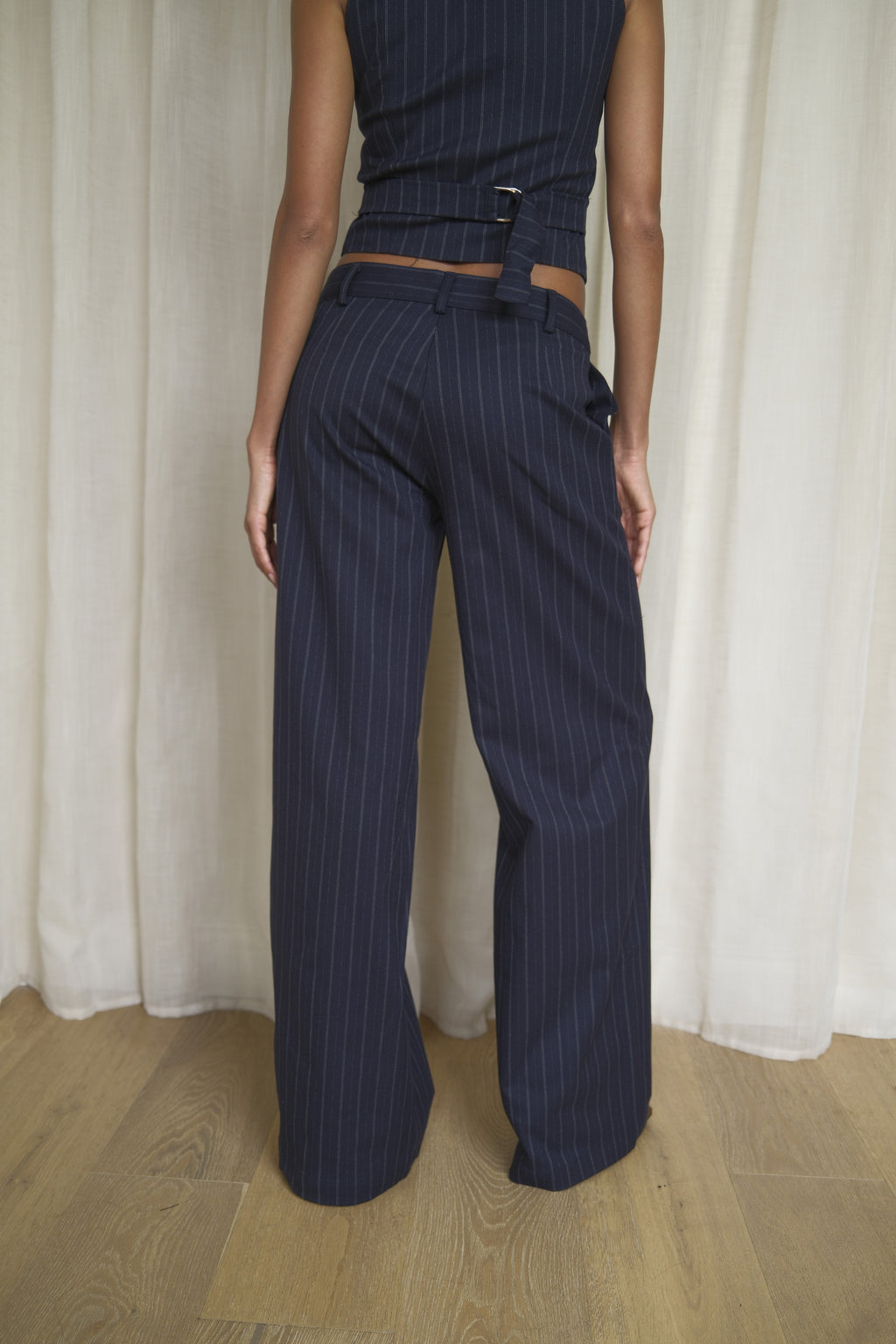 Navy Pinstripe Trousers | Wide