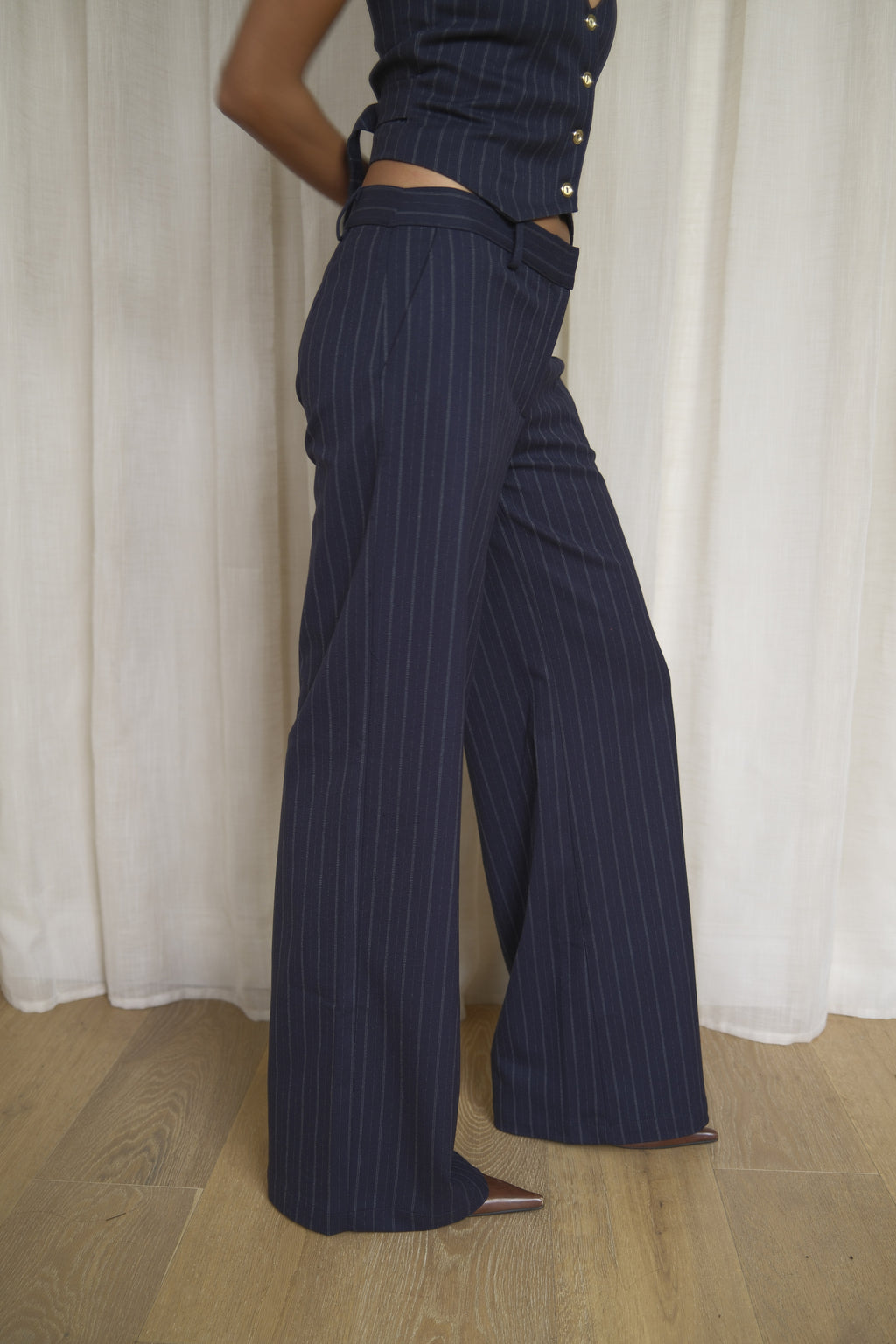Navy Pinstripe Trousers | Wide