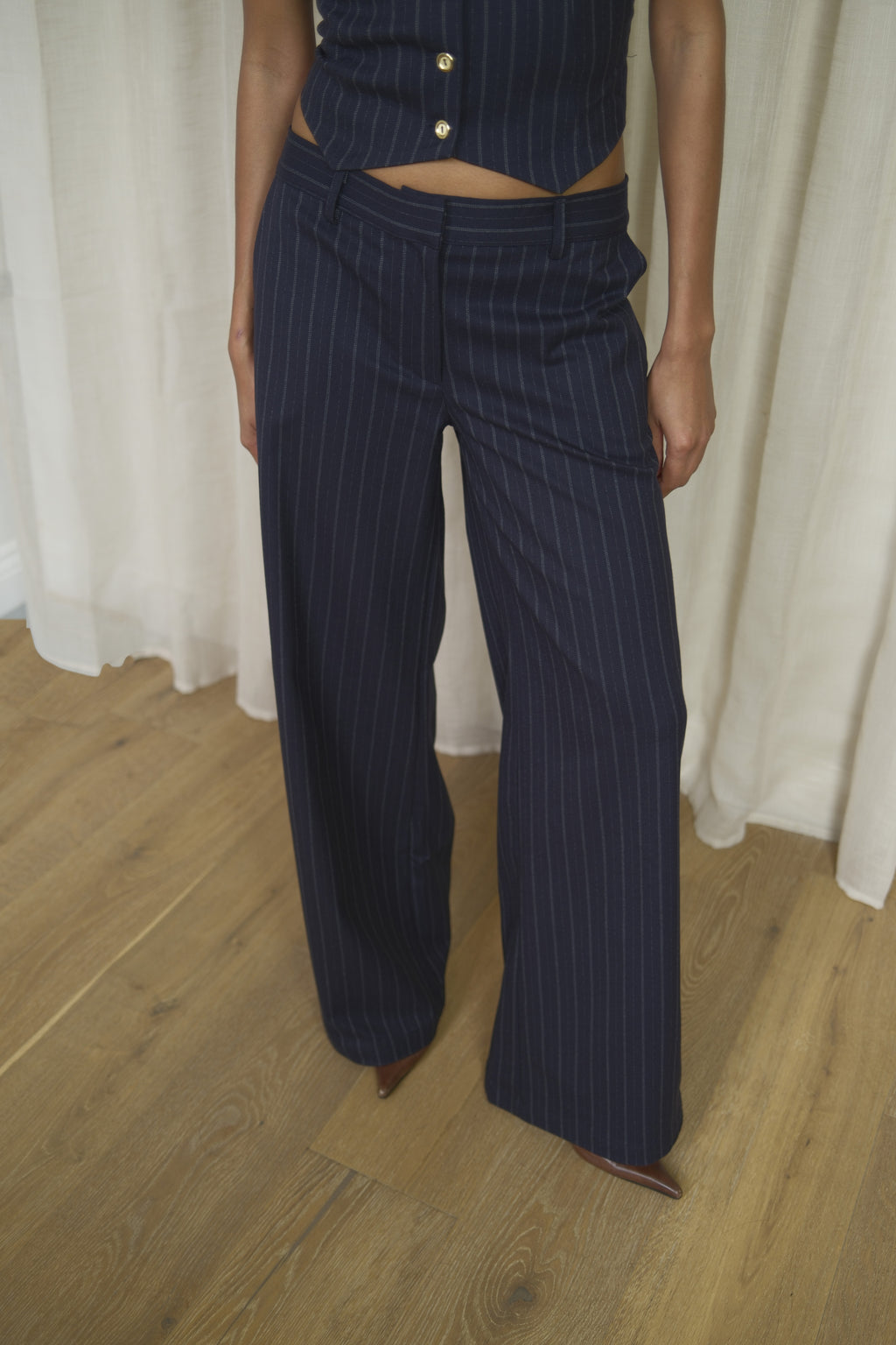 Navy Pinstripe Trousers | Wide