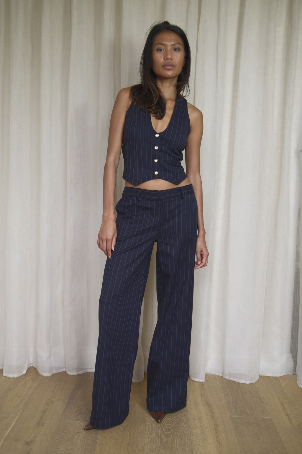 Navy Pinstripe Trousers | Wide