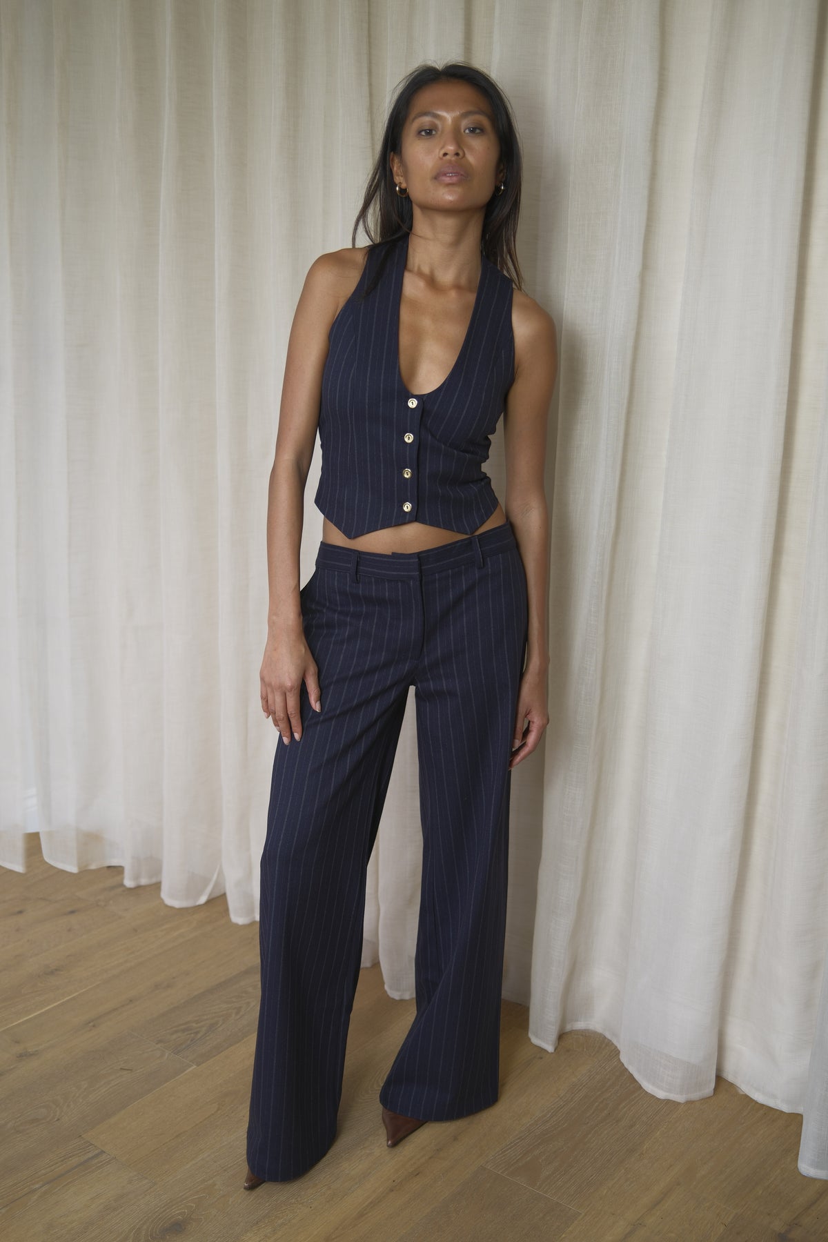 Navy Pinstripe Trousers | Wide