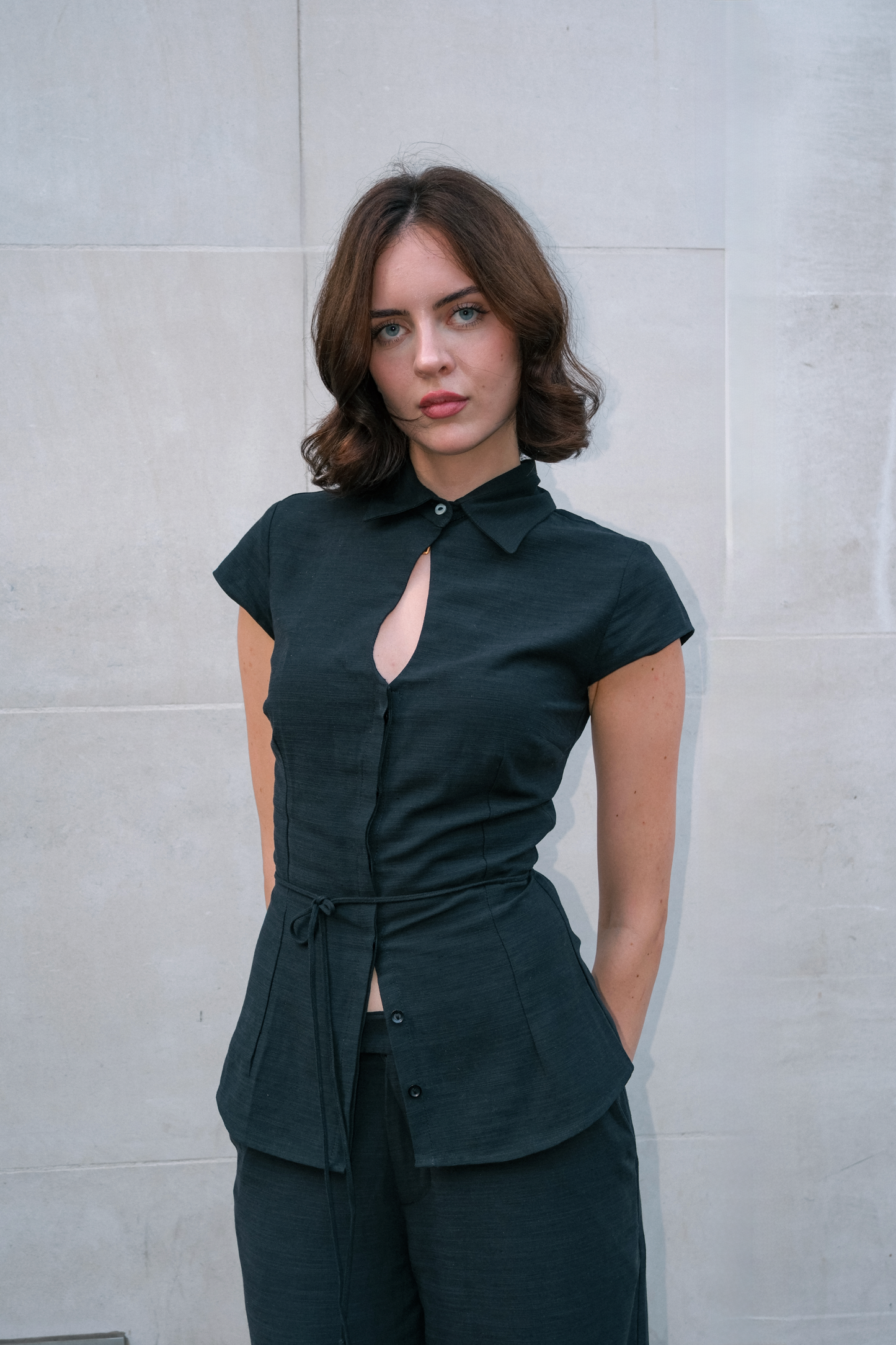 Keyhole Cap Sleeve Shirt - Charcoal