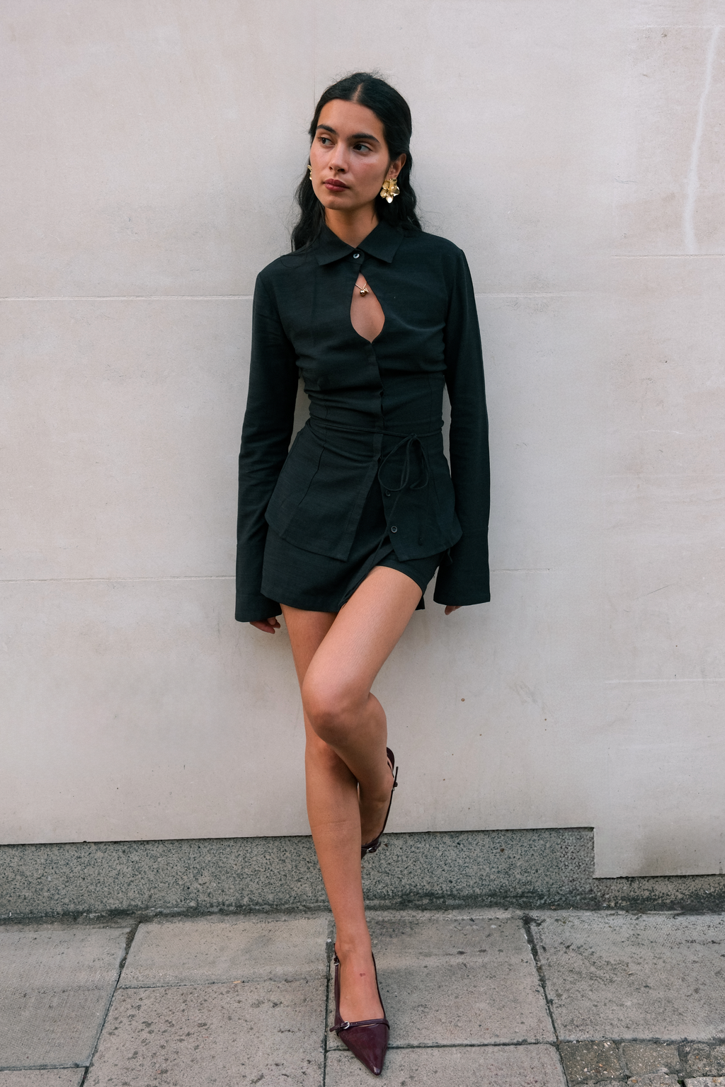 Keyhole Long Sleeve Shirt | Black Twill